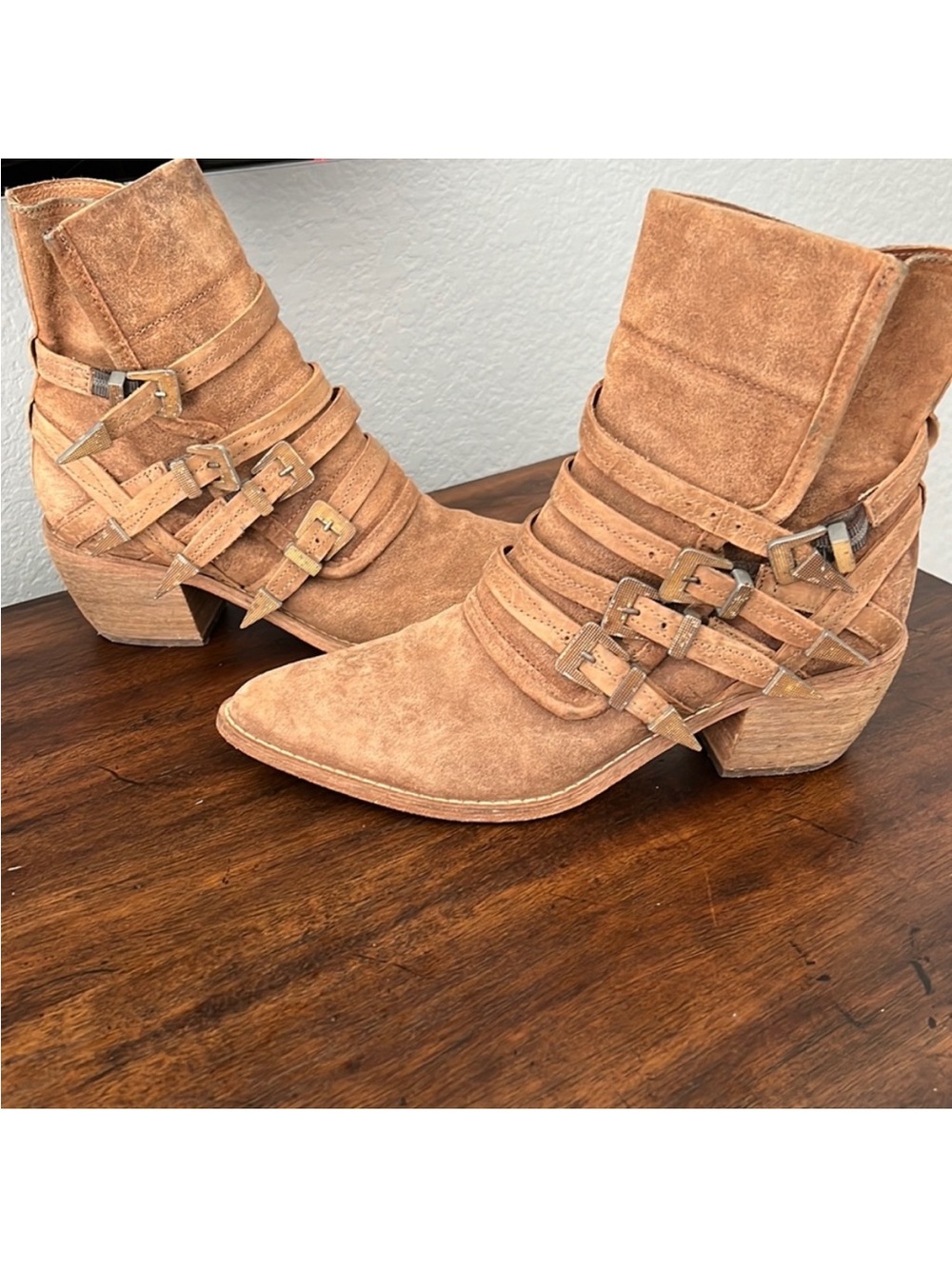 Free People Tan Suede Pointed Toe Buckle Ankle Boots